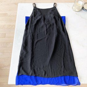 NWT BCBGMaxAzria Essex dress, black & blue, beaded straps, draped back, relaxed